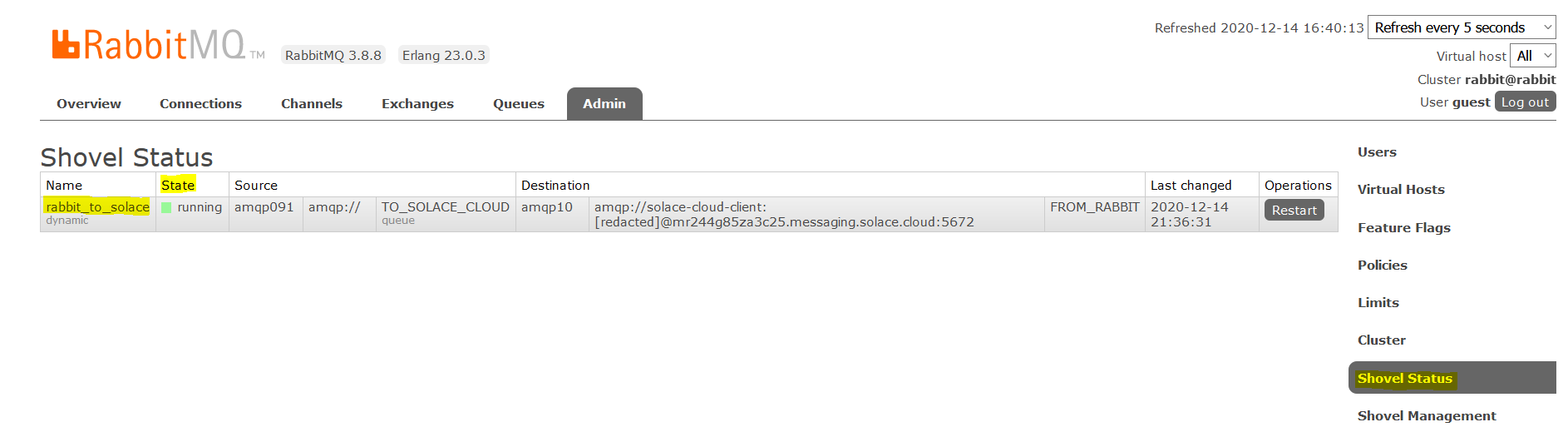 RabbitMQ Management Admin Tab Rabbit Shovel Status