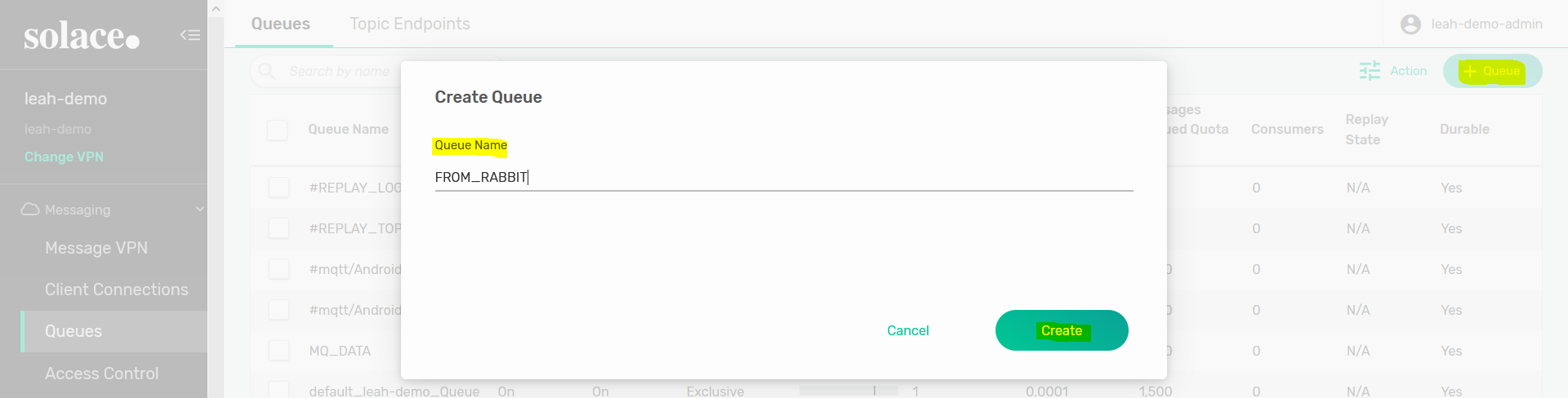 PubSub+ Manager Queues Tab Solace Create Queue